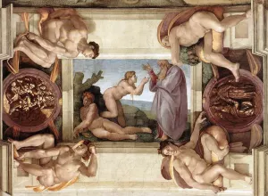 Creation of Eve with Ignudi and Medallions by Michelangelo Oil Painting Reproduction