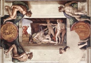 Main Product Photo of Drunkenness of Noah with Ignudi and Medallions Painting by Michelangelo