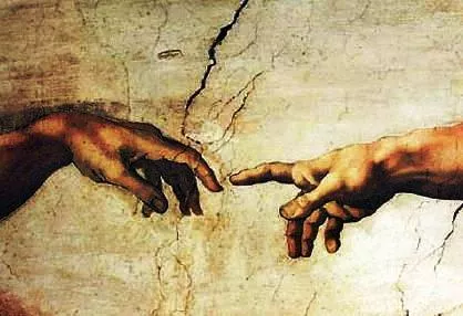 Detail of the two hands in Michelangelo's Creation of Adam, showing the gap between the fingers